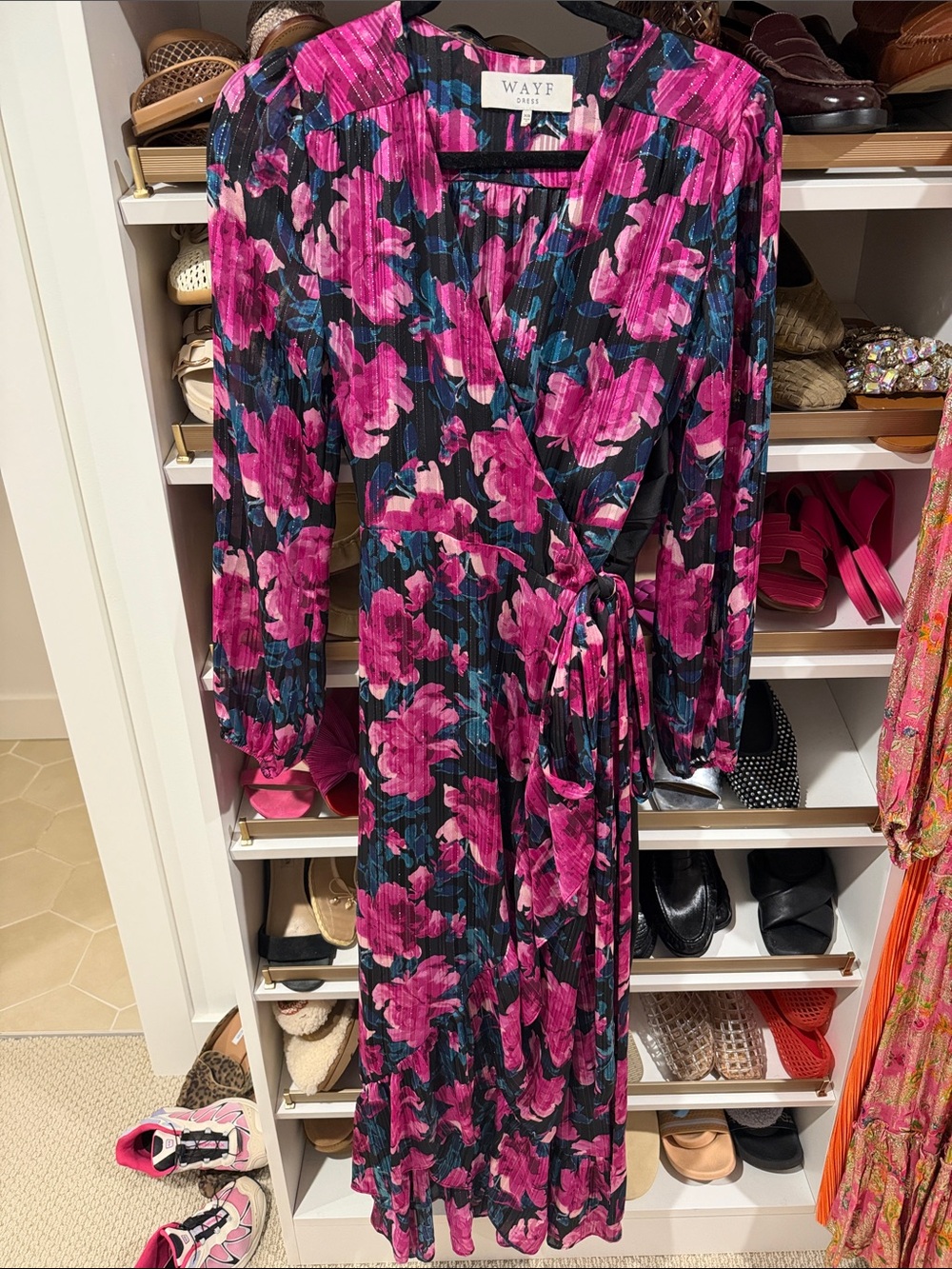 WAYF Black Wrap Dress with Bright Pink Floral Print worn once xs